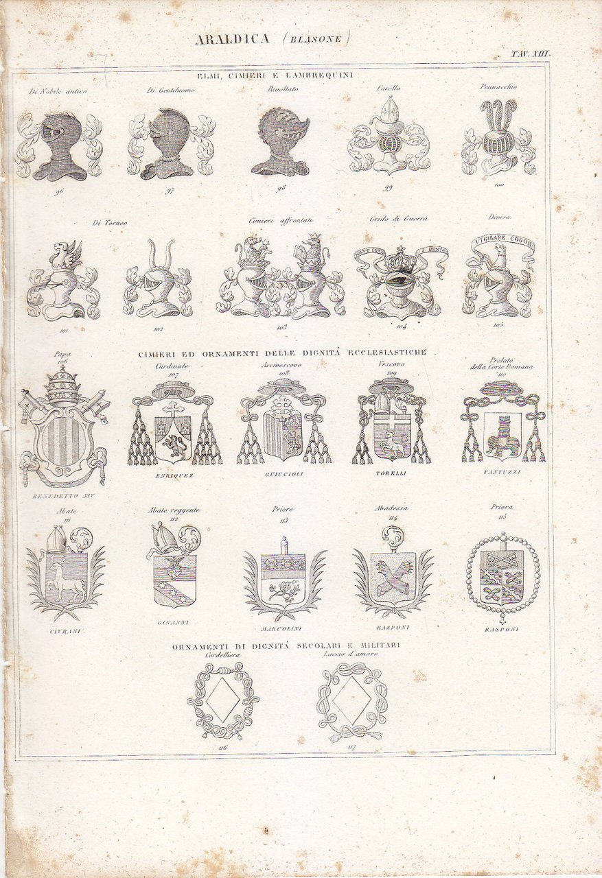 ARALDICA BLASONE Incisione Stampa Antica 1866 Tavola Originale Elmi cimieri
