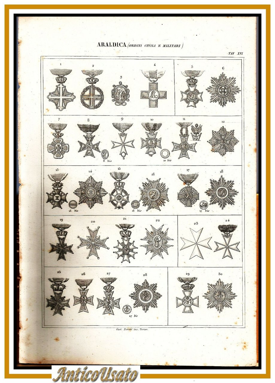 ARALDICA MEDAGLIE ORDINI CIVILI E MILITARI 1866 Tavola XVI Antica …