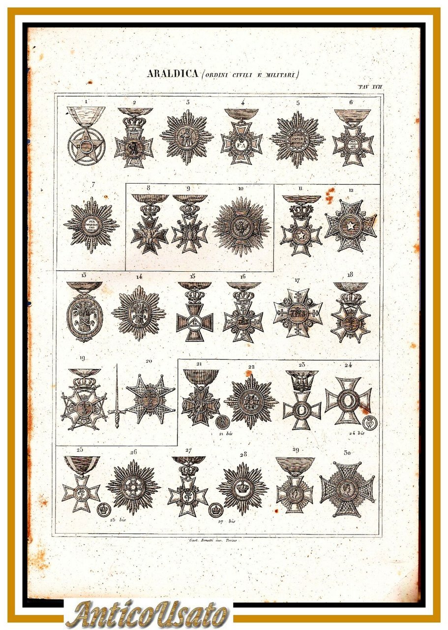 ARALDICA MEDAGLIE ORDINI CIVILI E MILITARI 1866 Tavola XVII Antica …