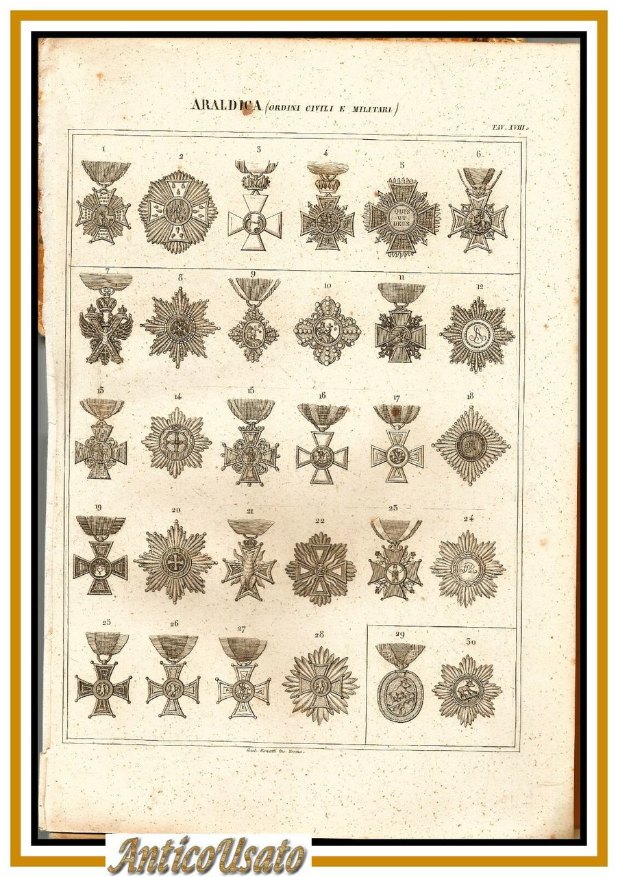 ARALDICA MEDAGLIE ORDINI CIVILI E MILITARI 1866 Tavola XVIII Antica …