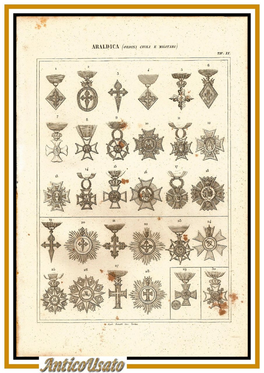 ARALDICA MEDAGLIE ORDINI CIVILI E MILITARI 1866 Tavola XX Antica …