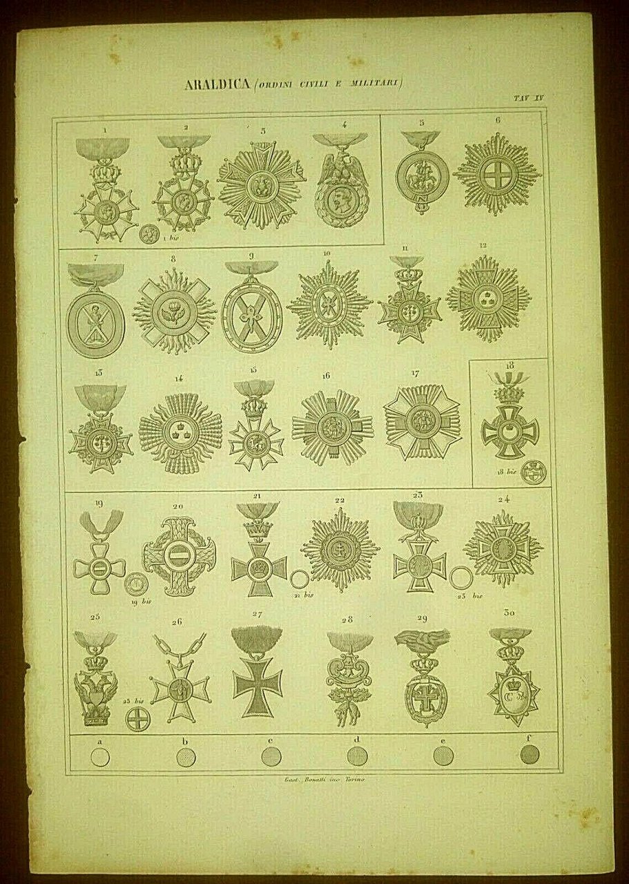 ARALDICA ORDINI CIVILI MILITARI MEDAGLIE Incisione Stampa 1866 Originale Antico
