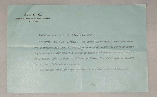 ARBITRI velina originale 1933 fascismo FIGC norme spese da museo …