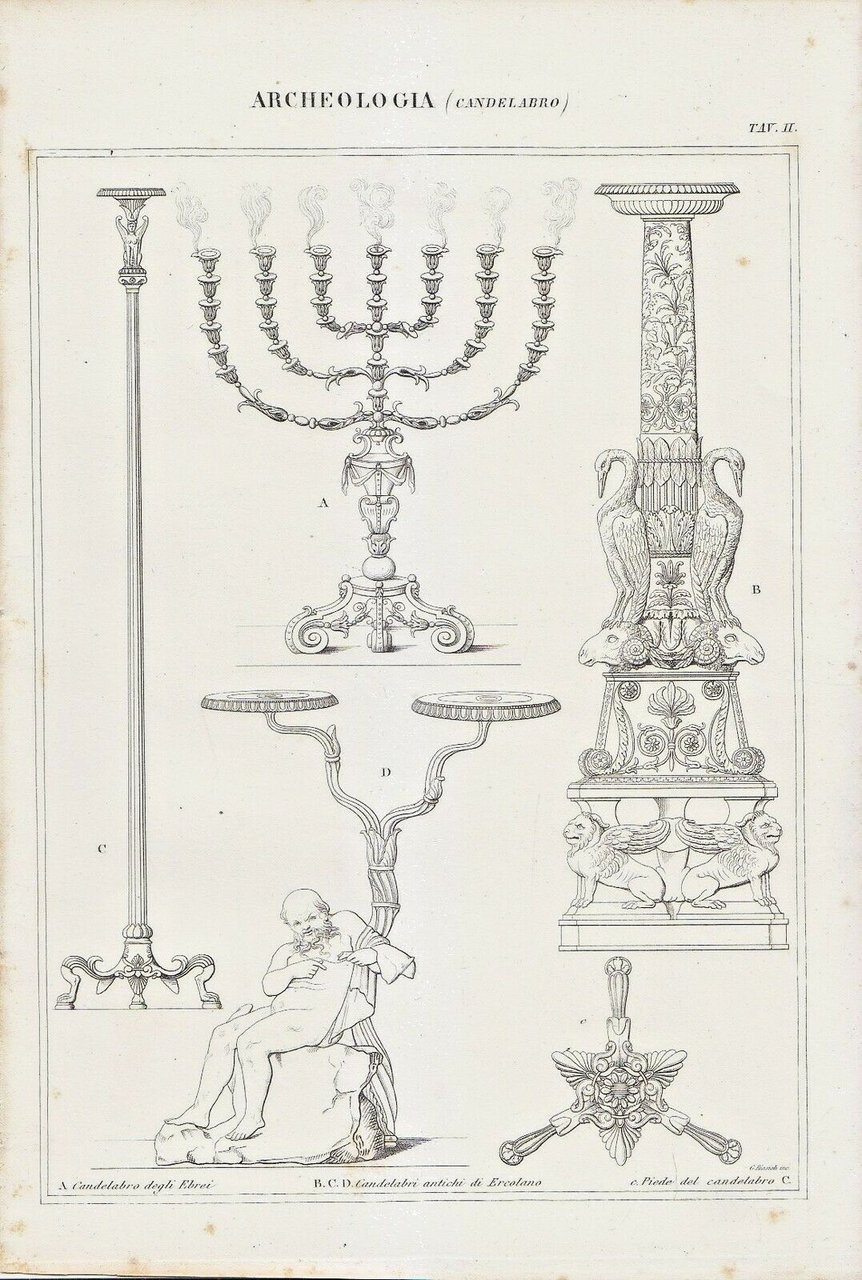 ARCHEOLOGIA CANDELABRO ERCOLANO EBREI Incisione Stampa Antica 1866 Originale