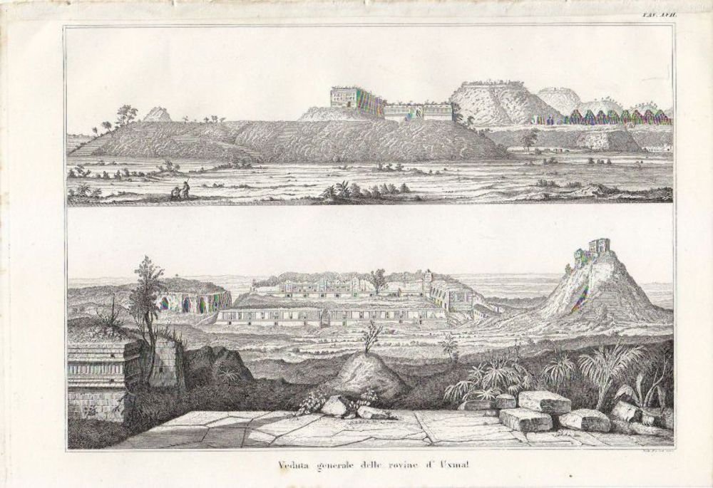 Archeologia VEDUTA GENERALE ROVINE DI UXMAL Incisione Stampa Antica Arte …