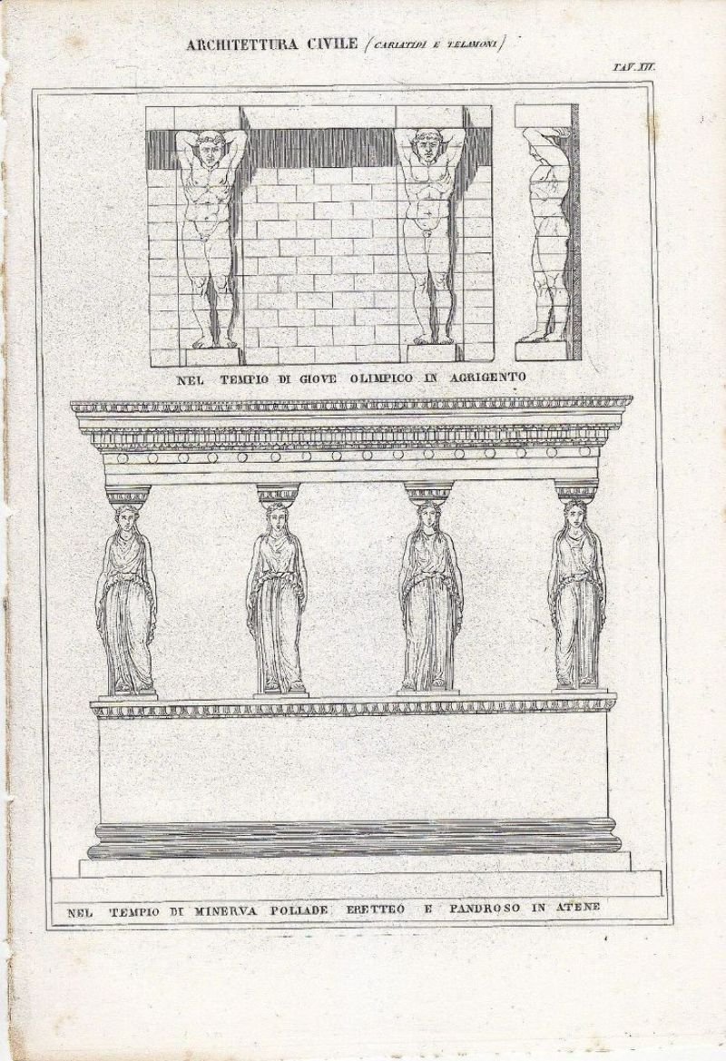 ARCHITETTURA CIVILE CARIATIDI TELAMONI Incisione Stampa Antica 1866 Originale
