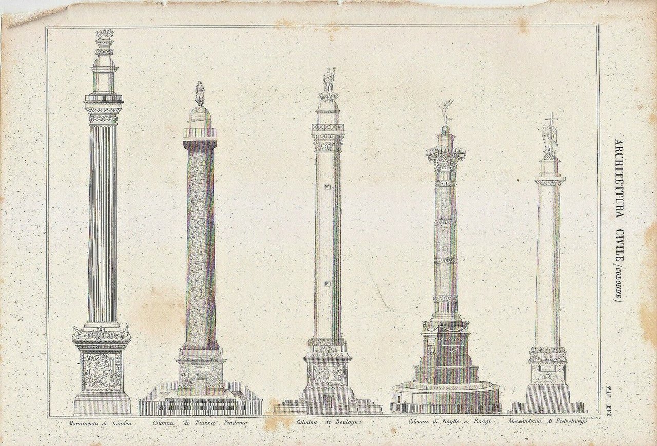 ARCHITETTURA CIVILE COLONNE LONDRA BOULOGNE 1866 Incisione Stampa Antica Vintage