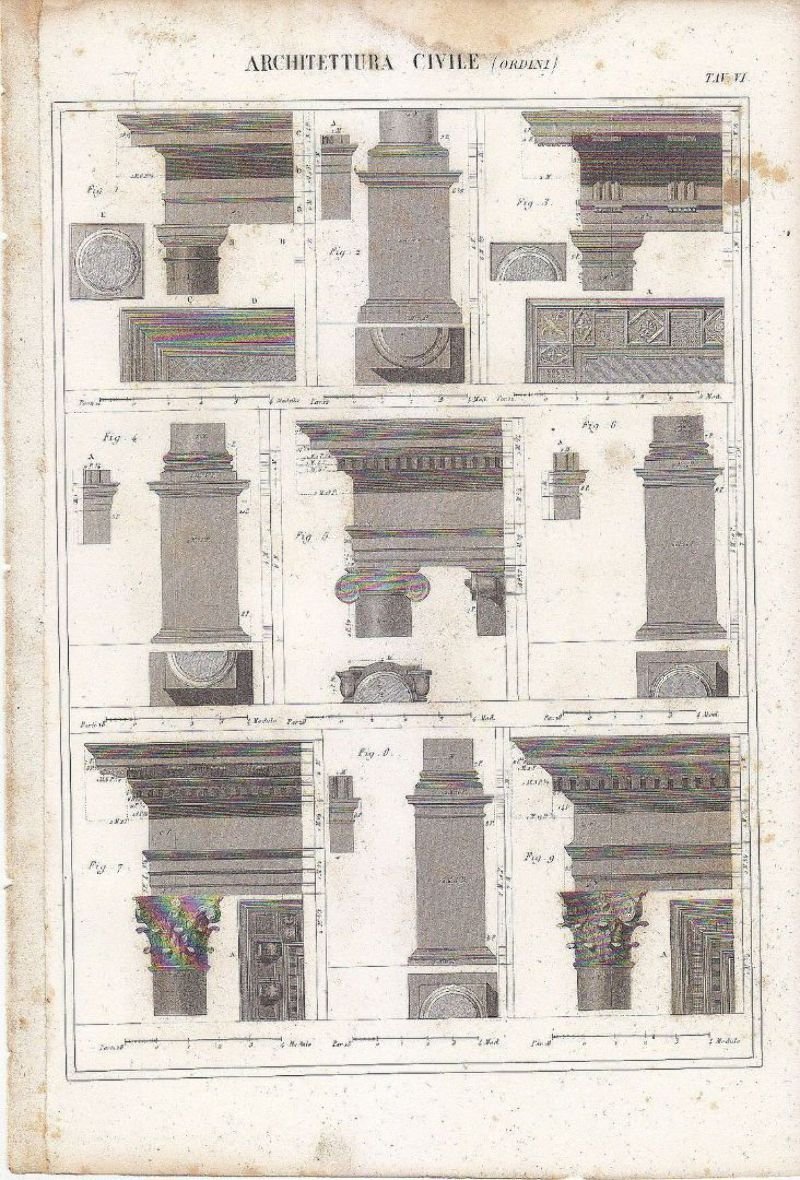 ARCHITETTURA CIVILE ORDINI Incisione Stampa Antica 1866 Tavola Originale Vintage