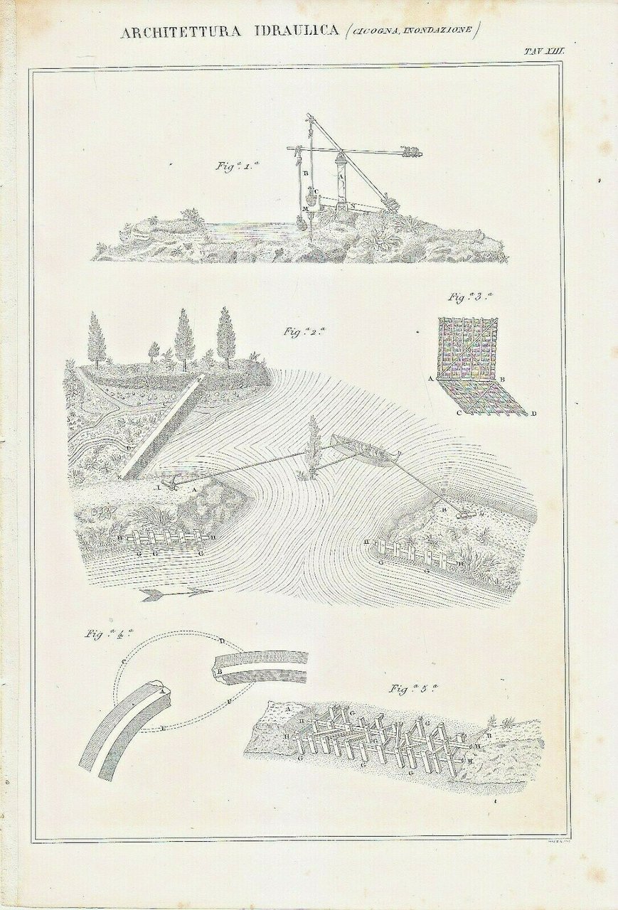 ARCHITETTURA IDRAULICA CICOGNA INONDAZIONE Incisione Stampa Antica 1866 Tavola