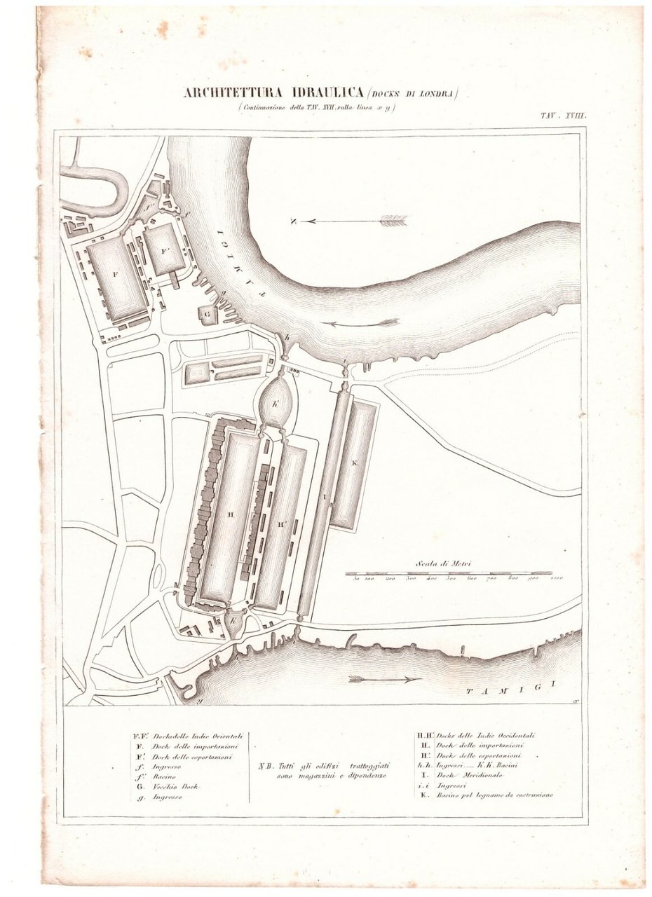 ARCHITETTURA IDRAULICA DOCKS DI LONDRA TAVOLA 18 INCISIONE STAMPA ANTICA …