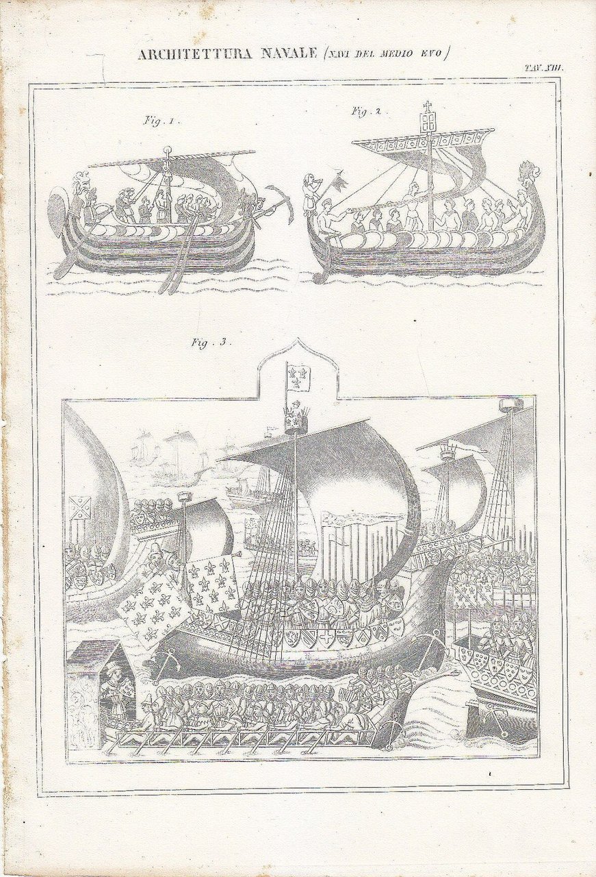 ARCHITETTURA NAVALE NAVI MEDIO EVO Incisione Stampa Antica 1866 Tavola …