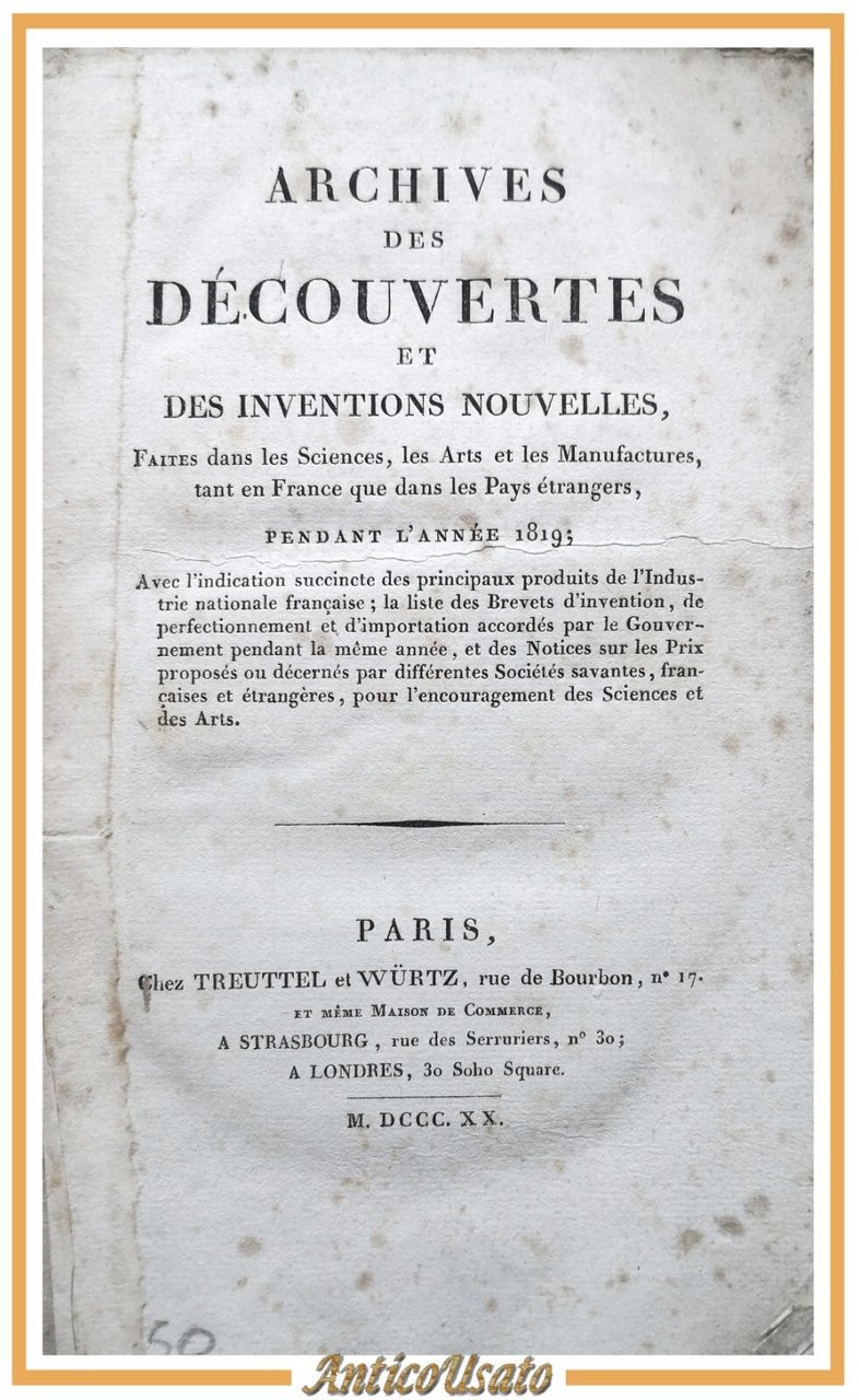 ARCHIVES DES DECOUVERTES ET DES INVENTIONS NOUVELLES 1820 Treuttel Würtz …