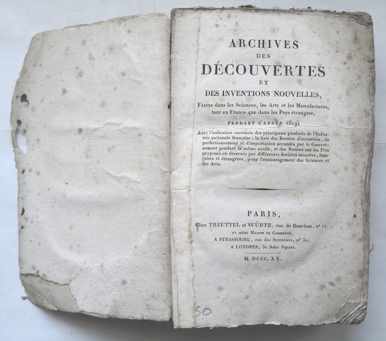 ARCHIVES DES DECOUVERTES ET DES INVENTIONS NOUVELLES 1820 Treuttel Würtz …