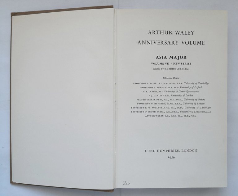 ARTHUR WALEY ANNIVERSARY ASIA MAJOR VOLUME VII 1959 Lund Humphries …