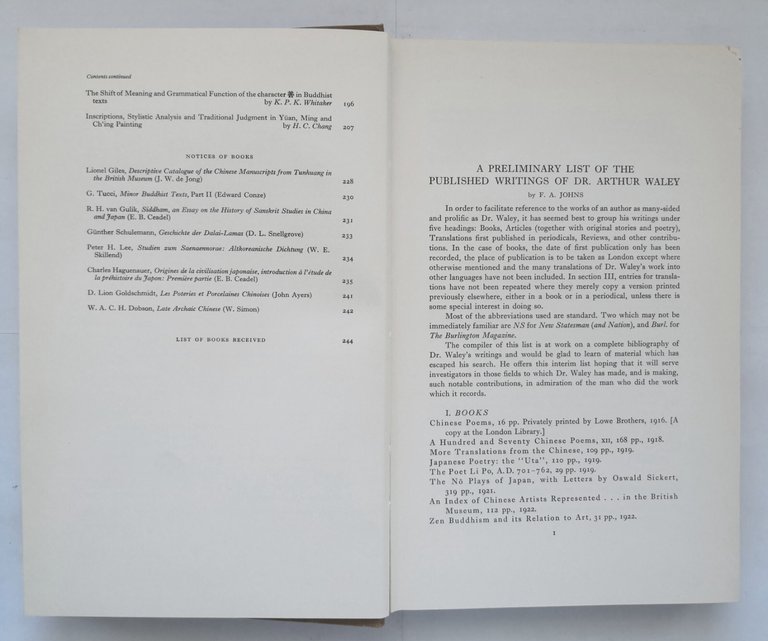 ARTHUR WALEY ANNIVERSARY ASIA MAJOR VOLUME VII 1959 Lund Humphries …