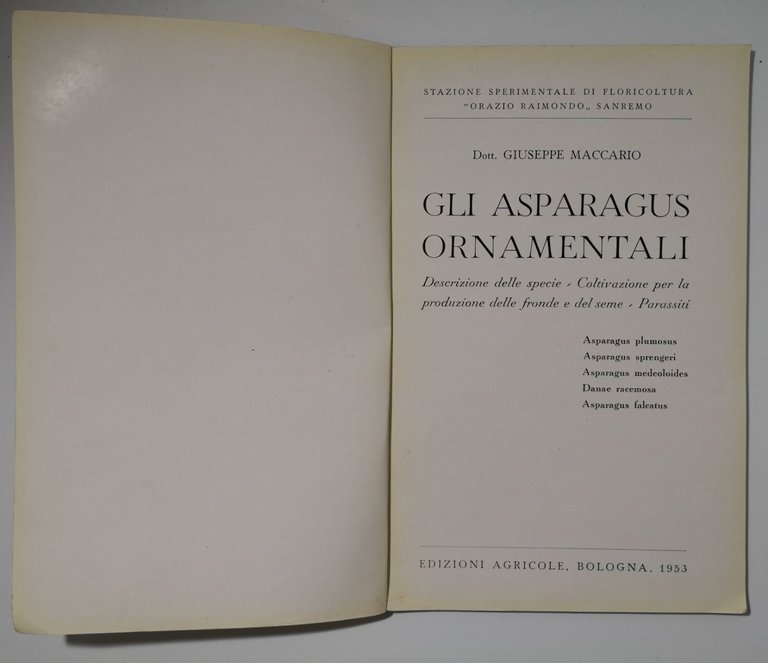 ASPARAGUS ORNAMENTALI di Giuseppe Maccario 1953 Edagricole Asparago Ornamentale