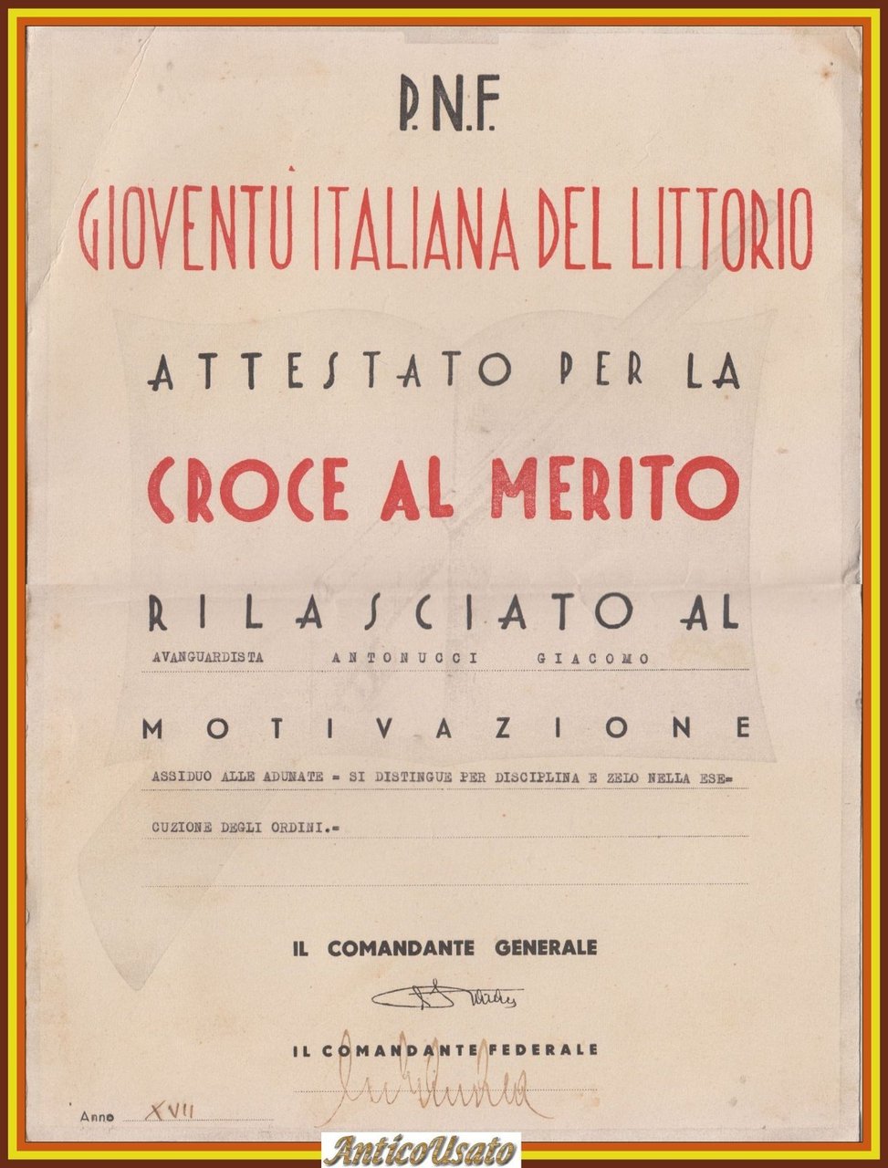 ATTESTATO PER LA CROCE AL MERITO PNF Gioventù Italiana Del …