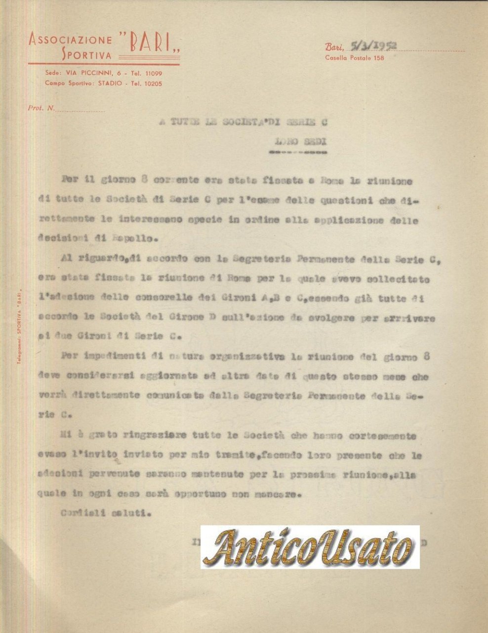 Bari Calcio lettera intestata 1952 riunione squadre serie C associazione …