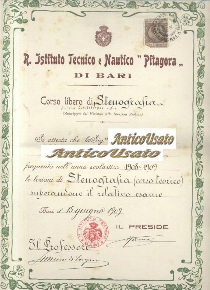 BARI ISTITUTO TECNICO NAUTICO PITAGORA 1909 ORIGINALE DIPLOMA STENOGRAFIA Vintag