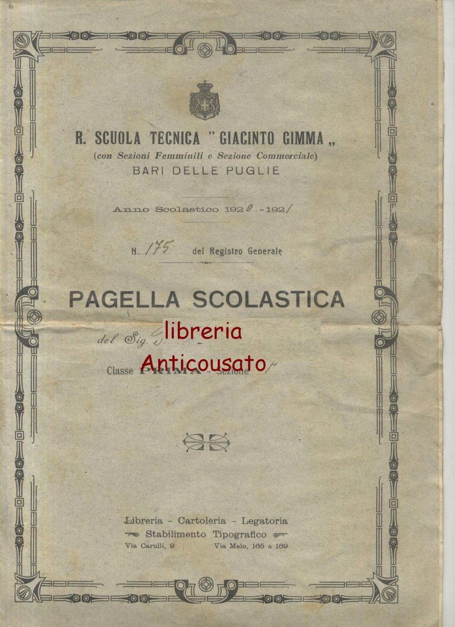 BARI PAGELLA SCOLASTCA SCUOLA TECNICA GIACINTO GIMMA 1920 1921 Originale …