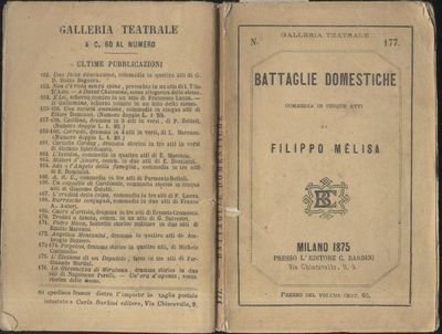 BATTAGLIE DOMESTICHE di Filippo Melisa 1875 Barbini Teatro libro antico …