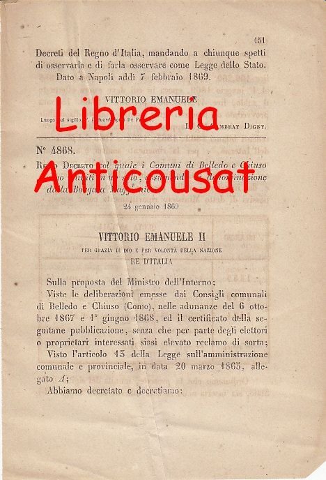 BELLEDO E CHIUSO RIUNITI IN UNO SOLO 1869 REGIO DECRETO …