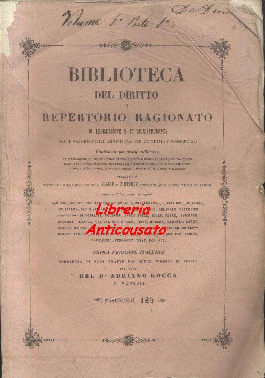 BIBLIOTECA DEL DIRITTO O REPERTORIO RAGIONATO Volume 4 parte I …