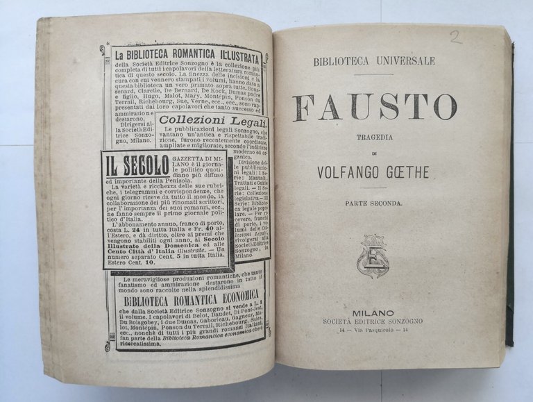 BIBLIOTECA UNIVERSALE 7 volumi Sonzogno 1900 Fausto Heine Nibelunghi Gessner