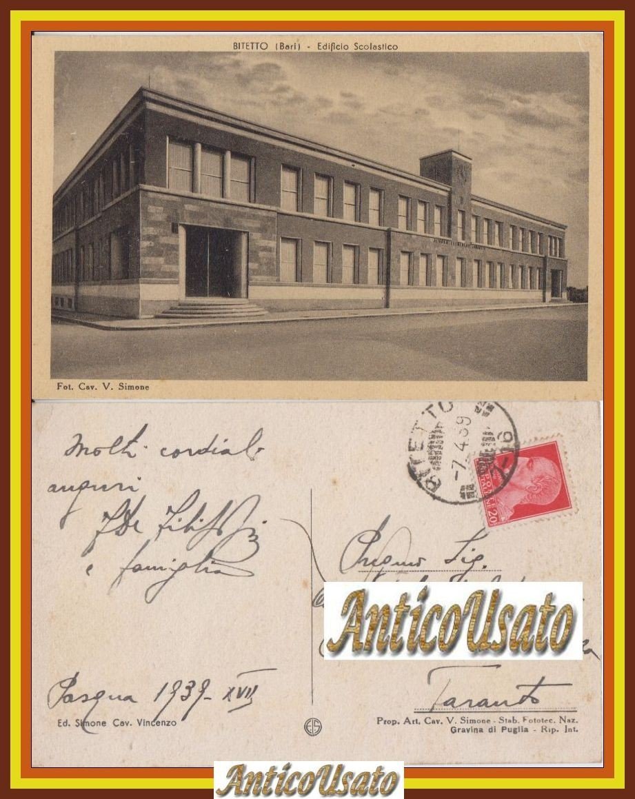 BITETTO EDIFICIO SCOLASTICO Cartolina Viaggiata 1939 Bari vintage formato piccol | Immagine principale