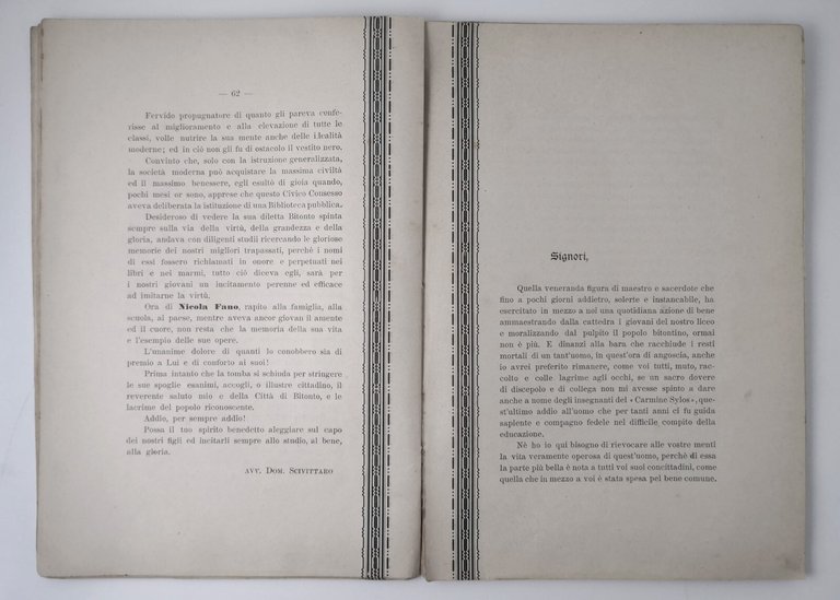 Bitonto ONORANZE FUNEBRI AL PROF NICOLA FANO 1907 Garofalo Libro …