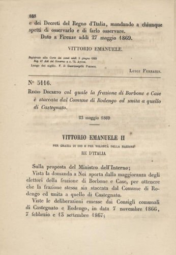 BORBONE E CASE - REGIO DECRETO 1869 RODENGO CASTAGNETO vittorio …