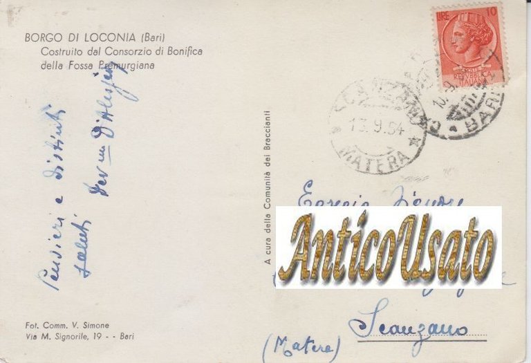 BORGO DI LOCONIA Cartolina Viaggiata Consorzio di Bonifica Bari 1954 …