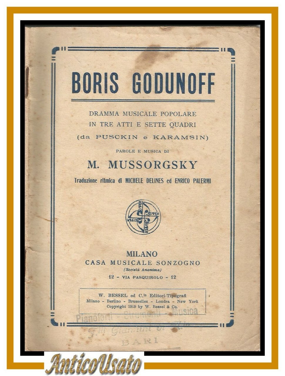BORIS GODUNOFF di Mussorgsky lbretto d'opera solo testo Sonzogno vintage …