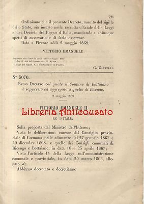 Bottaiano Soppresso Regio Decreto 1869 Aggregato a Ricengo Cremona Originale