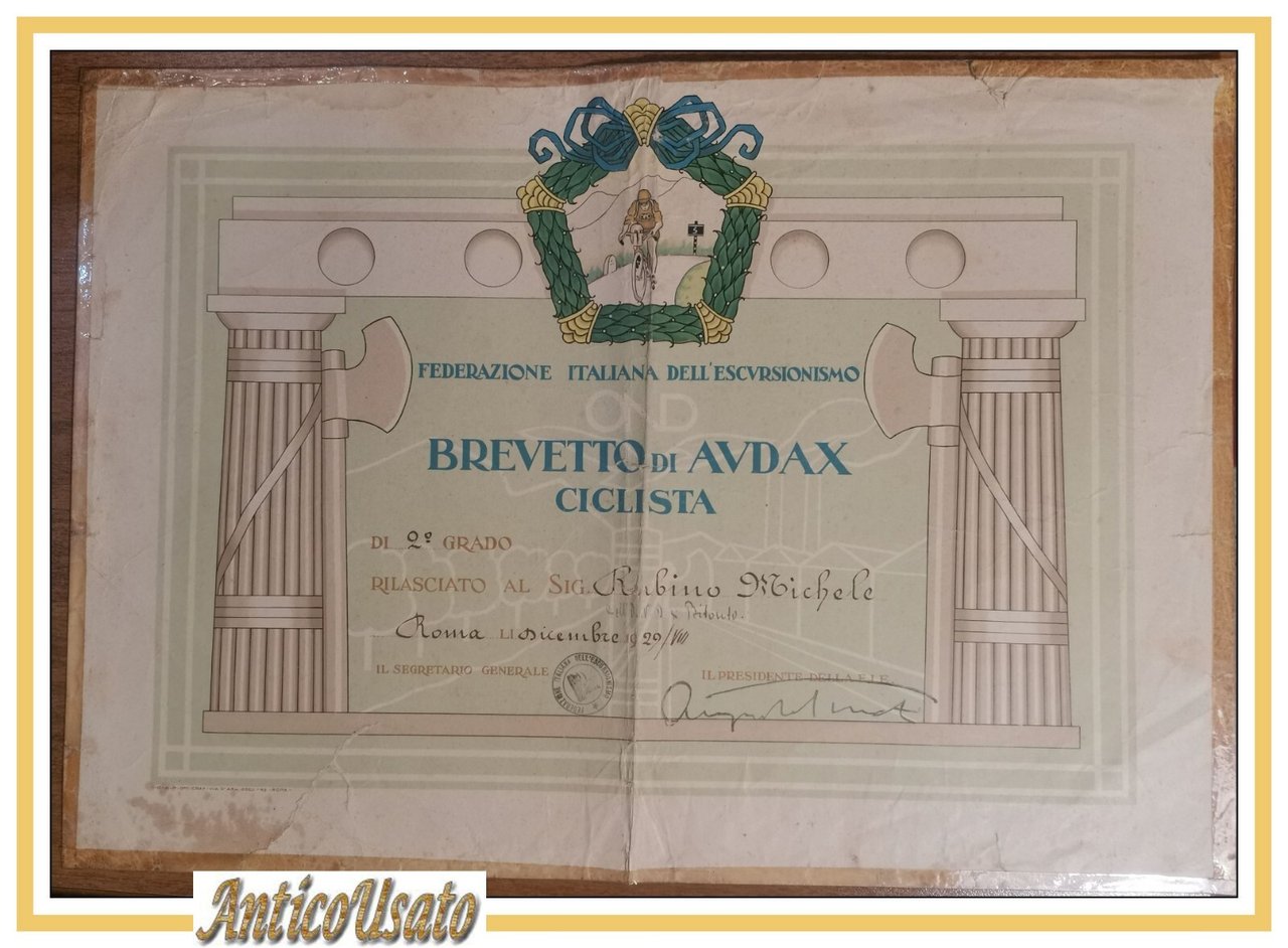 BREVETTO DI AUDAX CICLISTA Diploma Federazione Italiana dell'escursionismo 1929