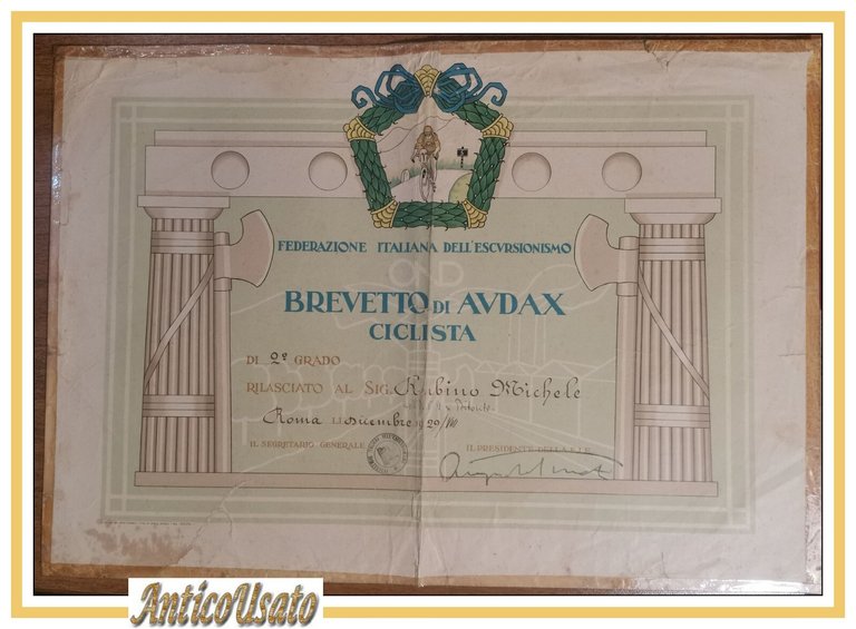 BREVETTO DI AUDAX CICLISTA Diploma Federazione Italiana dell'escursionismo 1929 | Immagine Gallery 1