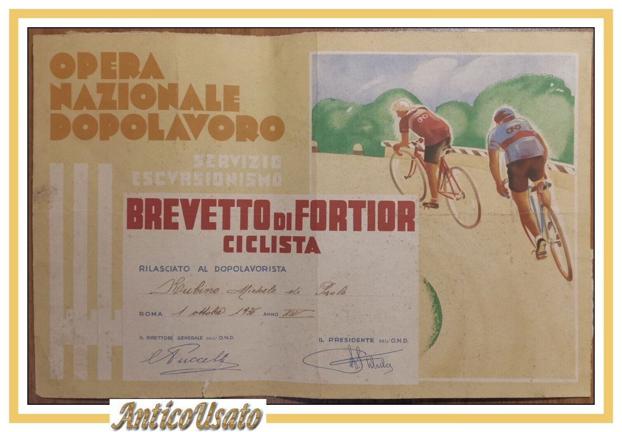 BREVETTO DI FORTIOR CICLISTA Diploma Opera Nazionale Dopolavoro 1936 Ciclismo