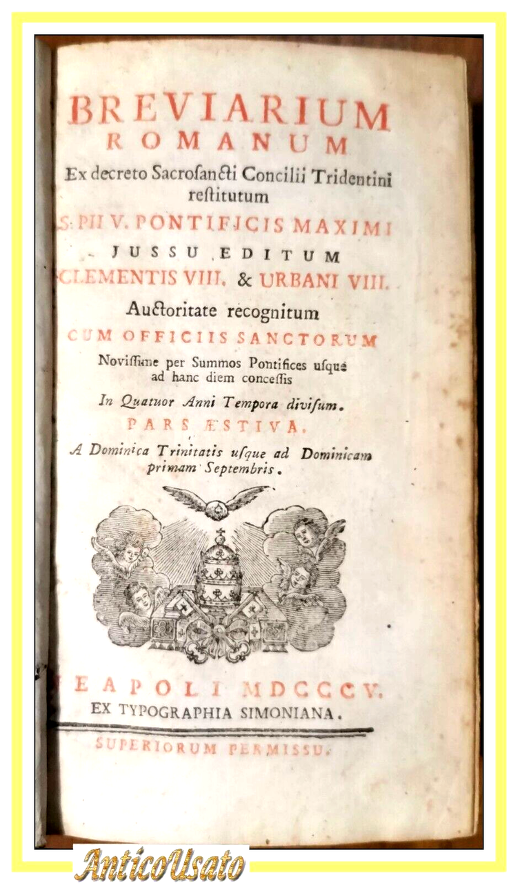 BREVIARIUM ROMANUM pars aestiva 1805 Simoniana libro antico ex decreto …