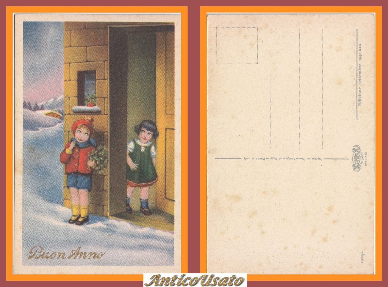 BUON ANNO 1941 Cartolina Vintage d'epoca Illustrata bambini Non Viaggiata