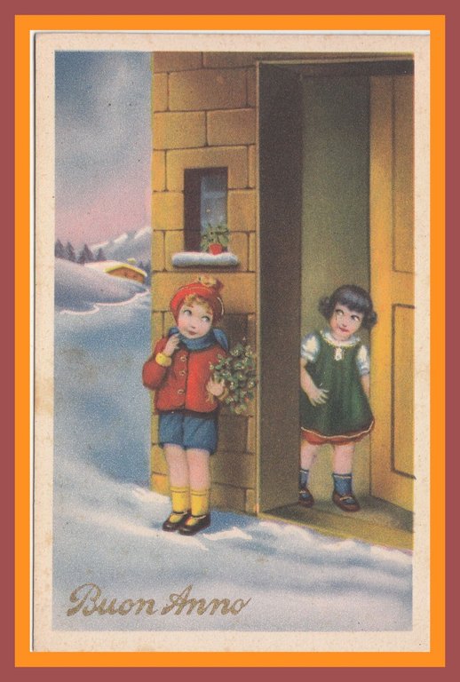 BUON ANNO 1941 Cartolina Vintage d'epoca Illustrata bambini Non Viaggiata
