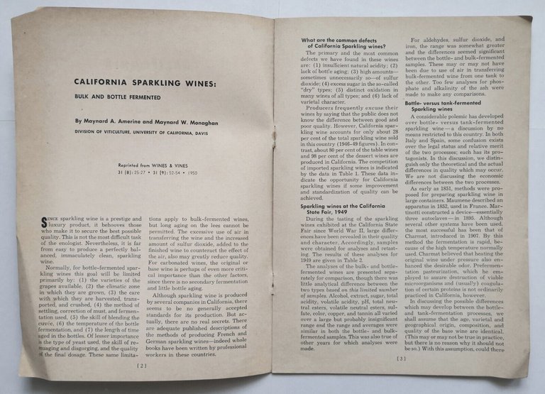 CALIFORNIA SPARKLING WINES di Amerine Monaghan 1950 Libro bulk bottle …