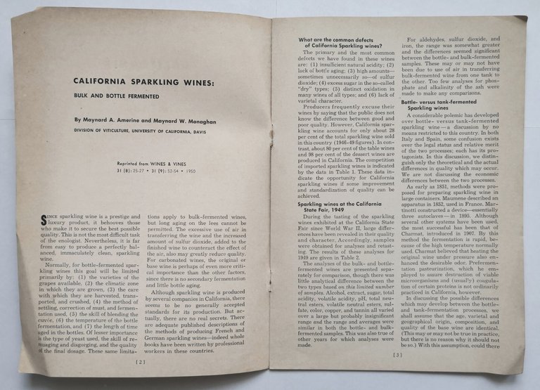 CALIFORNIA SPARKLING WINES di Amerine Monaghan 1950 Libro bulk bottle …