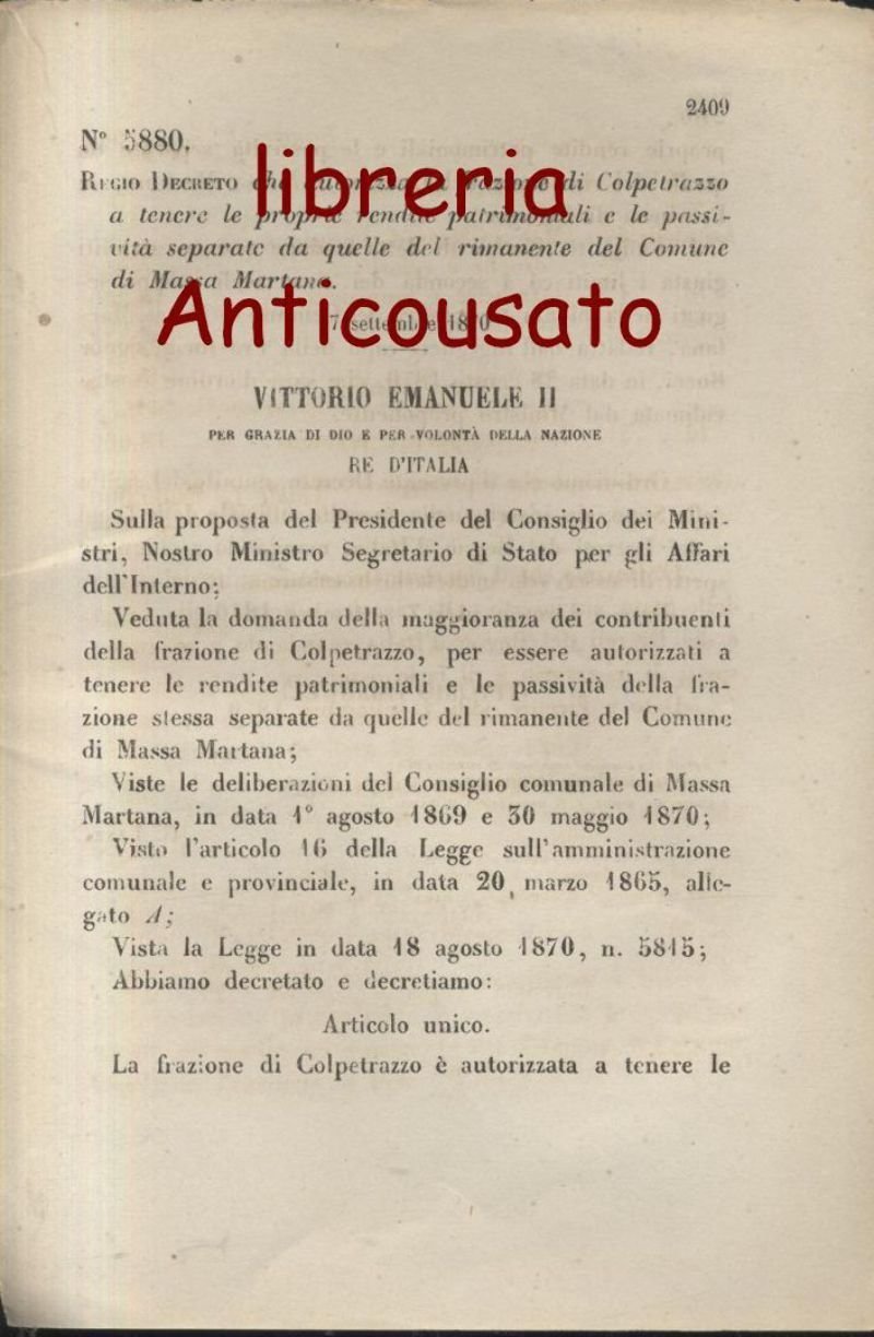 CALPETRAZZO REGIO DECRETO 1870 RENDITE PATRIMONIALI SEPARATE MASSA MARTANO