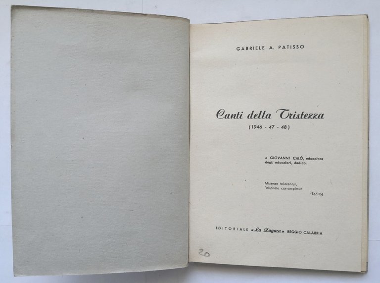 CANTI DELLA TRISTEZZA 1946 47 48 di Gabriele Patisso 1952 …