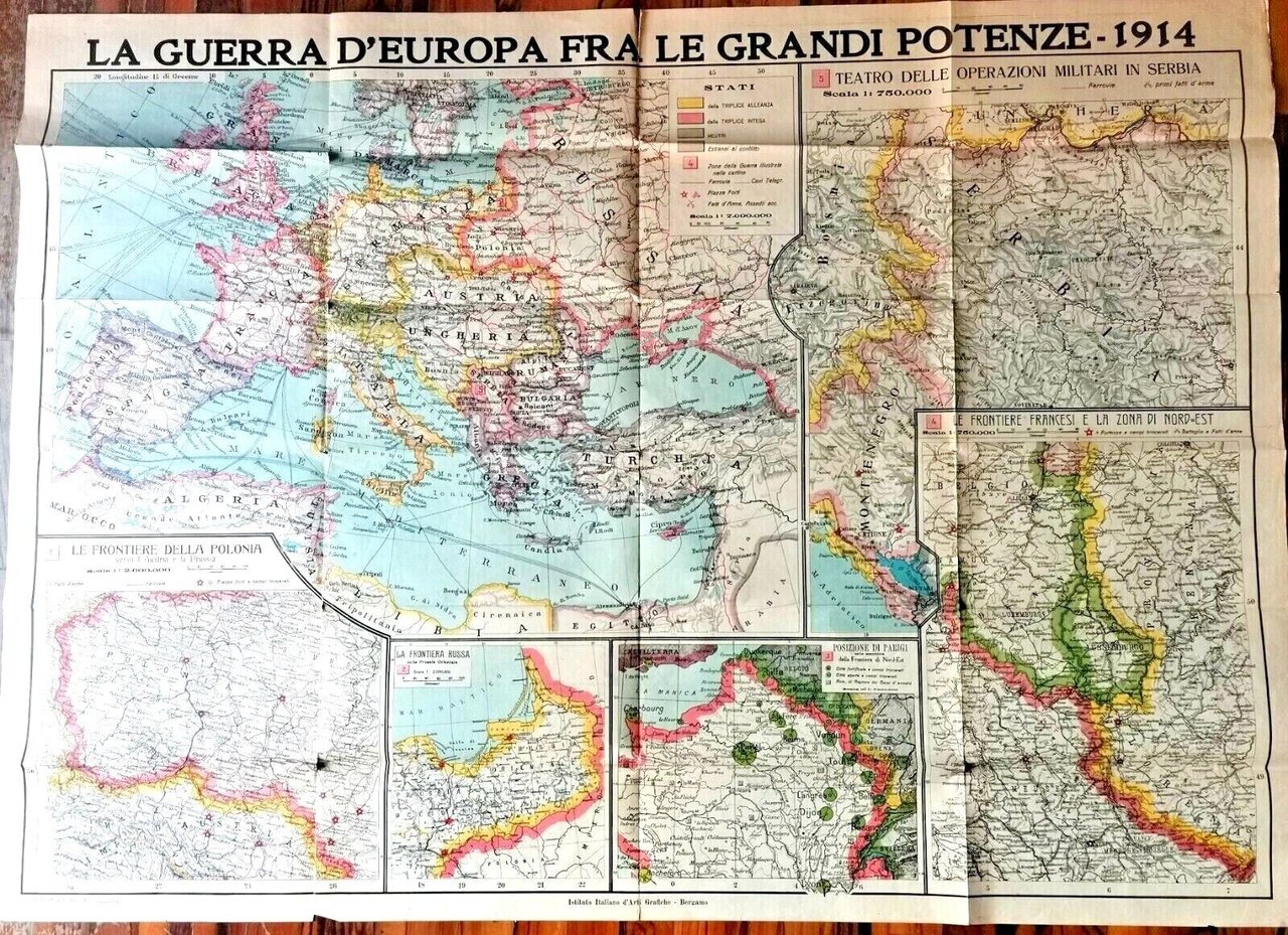 CARTA GEOGRAFICA Mappa LA GUERRA D'EUROPA I Mondiale 1914 Serbia …