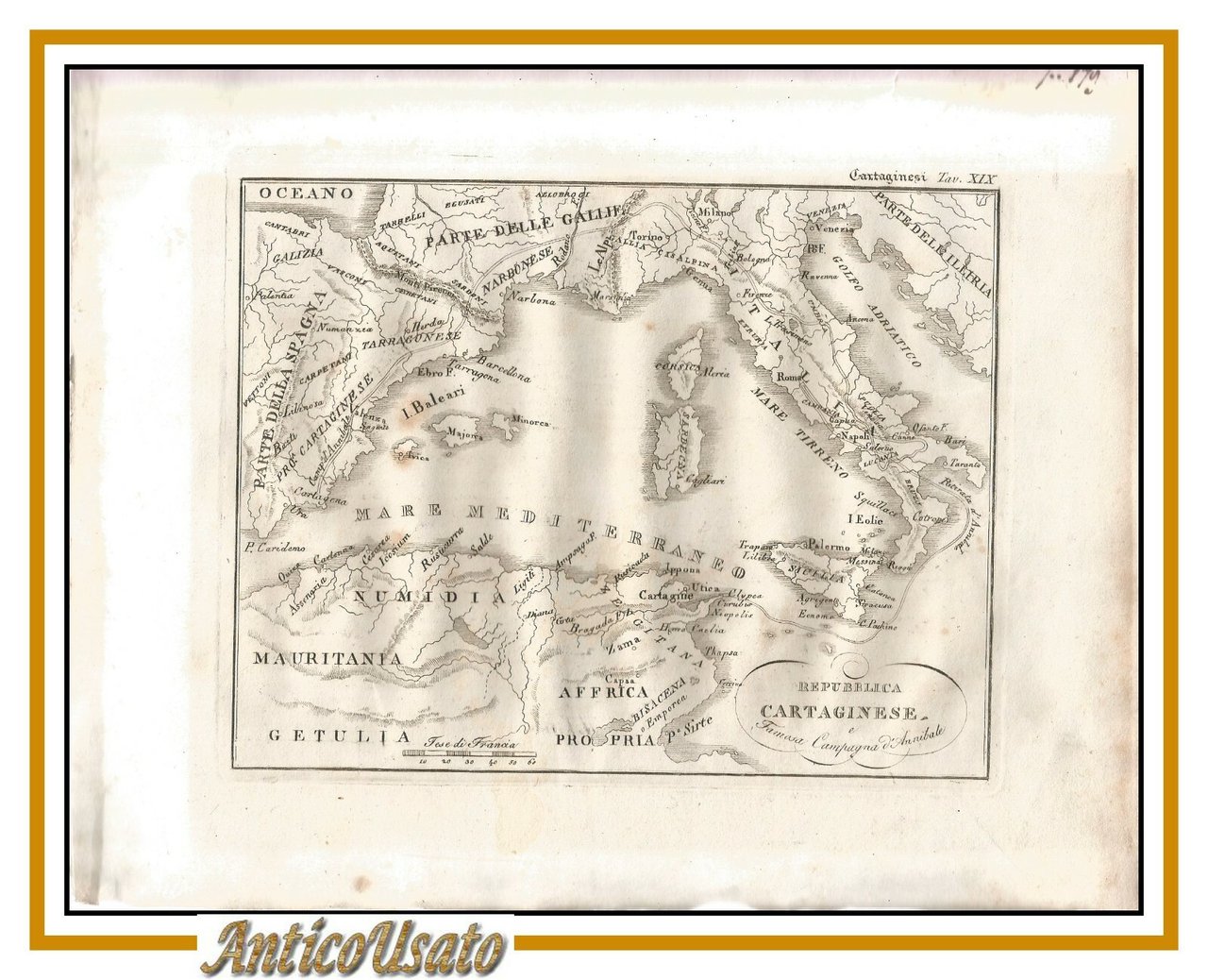 CARTA GEOGRAFICA MEDITERRANEO ITALIA primi 800 incisione stampa antica Cartagine