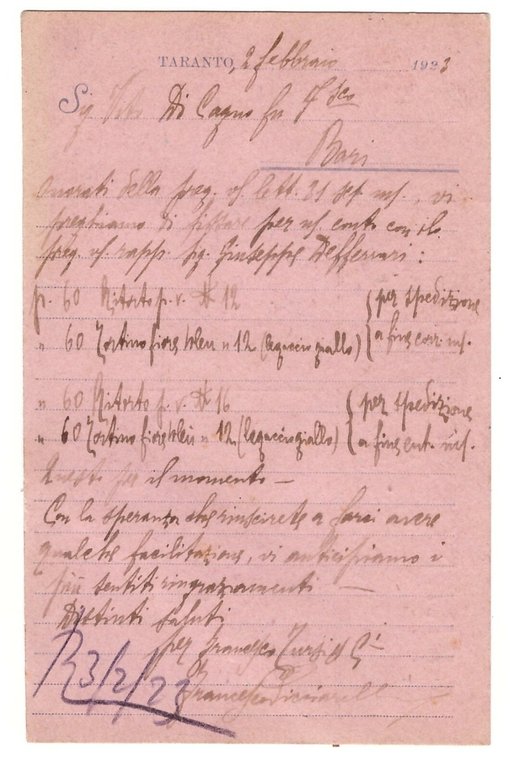 Cartolina Francesco Tursi - Taranto viaggiata 1923 f.to piccolo tessuti …