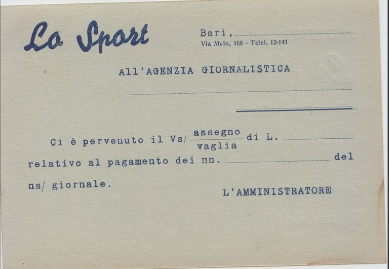 CARTOLINA Giornale LO SPORT di Bari postale pubblicitaria lire 1,20 …