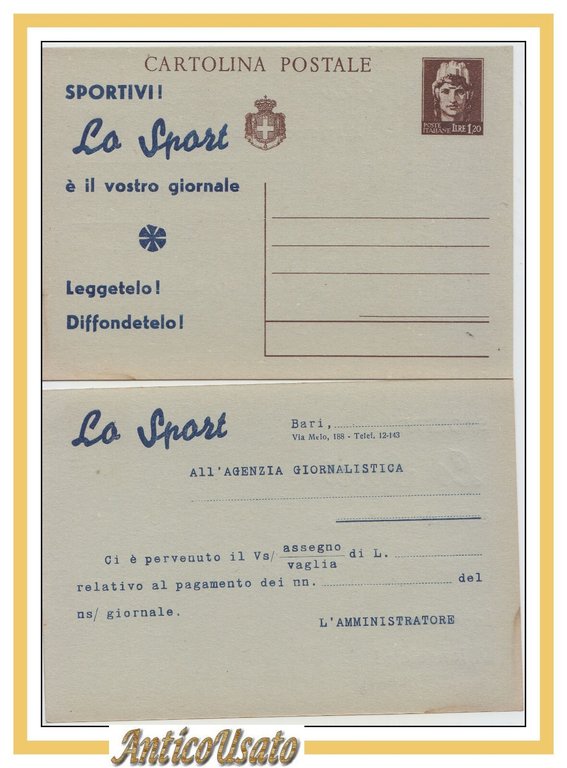 CARTOLINA Giornale LO SPORT di Bari postale pubblicitaria lire 1,20 …
