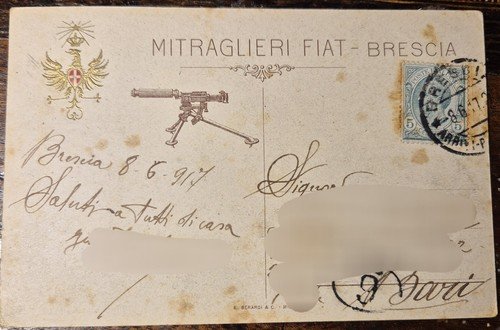 Cartolina MITRAGLIERI FIAT BRESCIA Originale viaggiata 1917 Celerrimo ictu I …